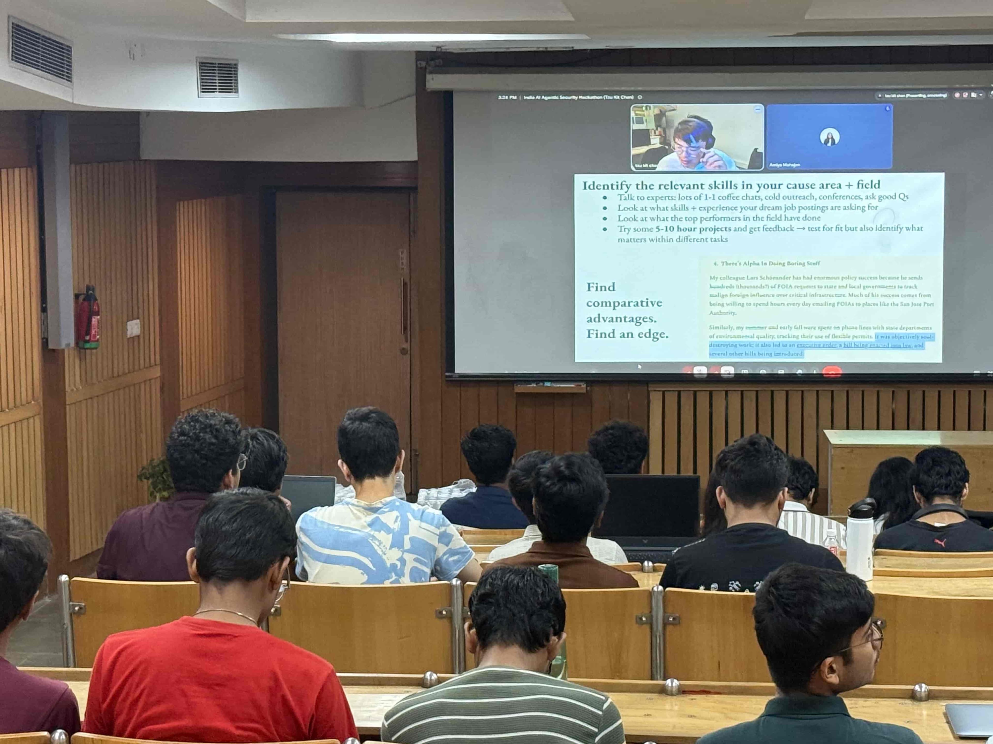 Participants watching a remote speaker's session on finding comparative advantages in AI safety