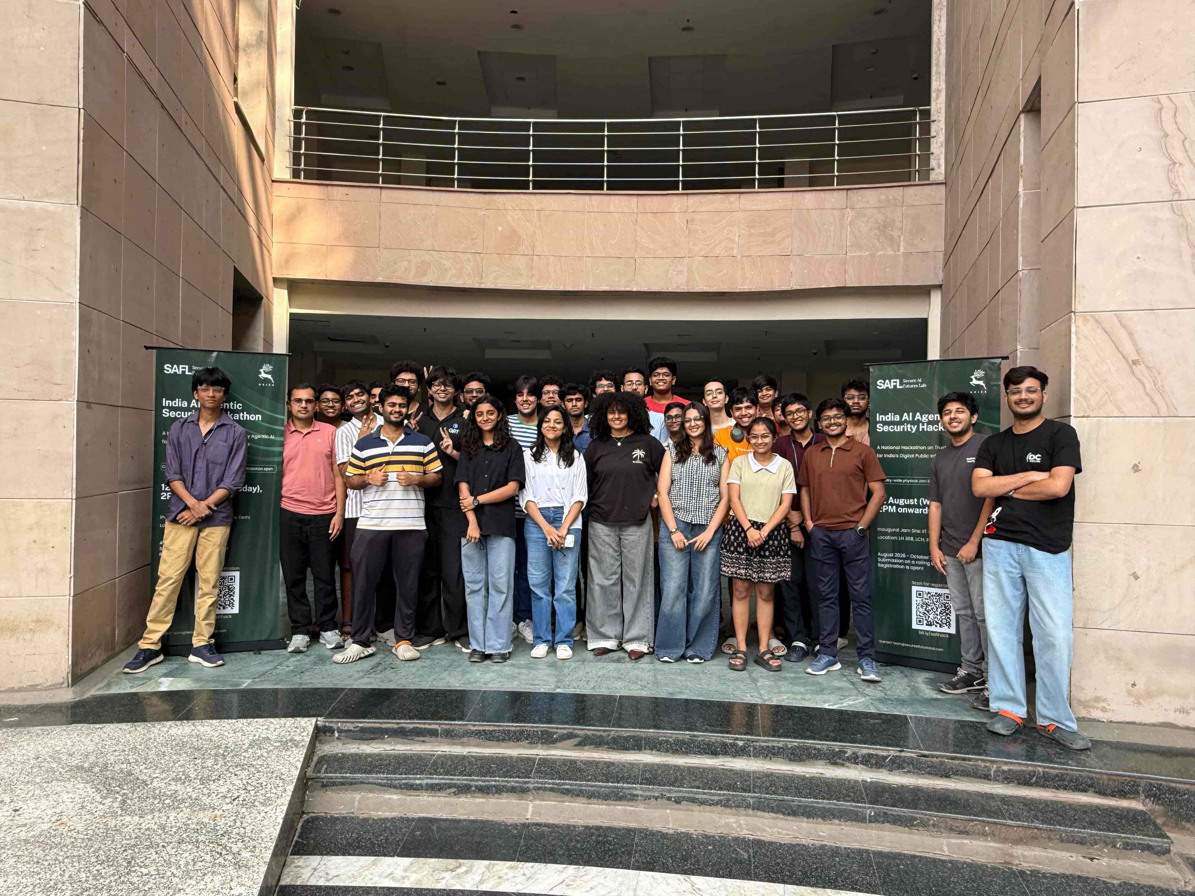 Participants of the India AI Agentic Security Hackathon gathered for a group photo at IIT Delhi